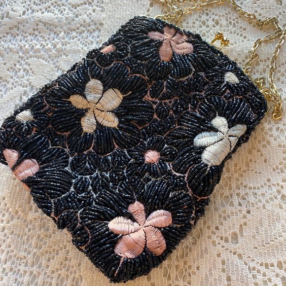 Vintage Black Beaded with Floral Pink and White Embroidery Purse w/ Chain Strap - Picture 7 of 7